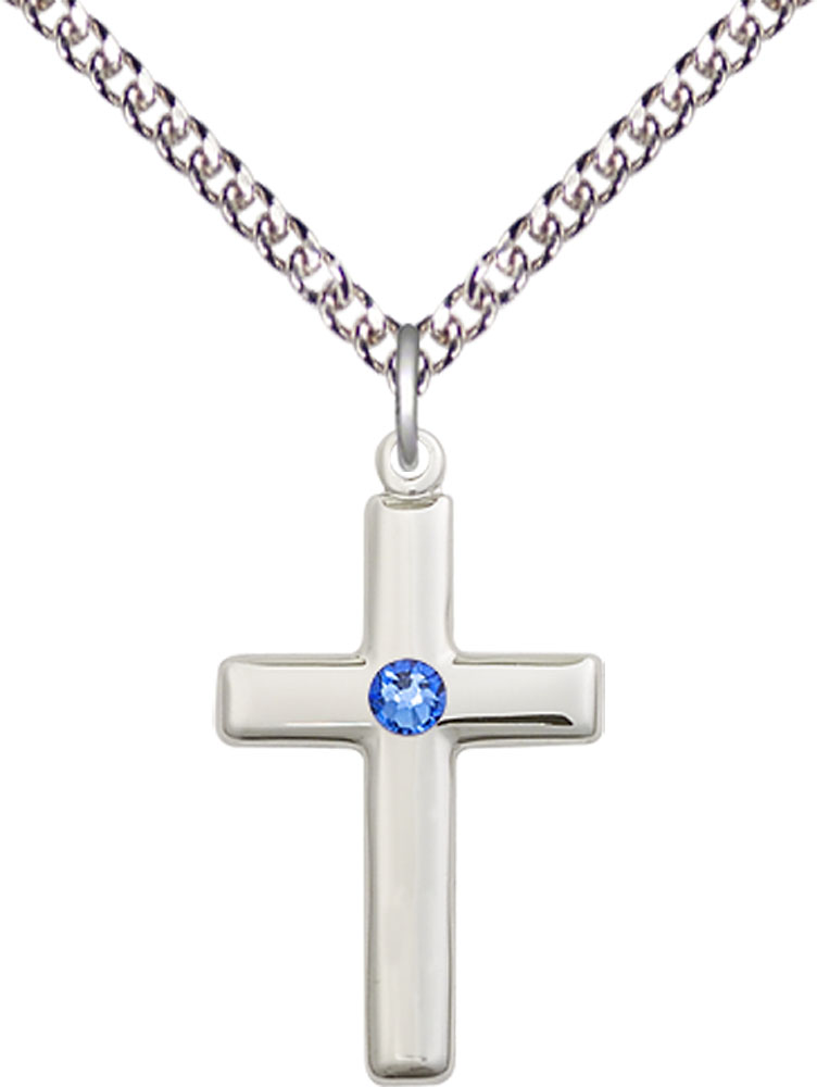 Sterling Silver Cross Pendant with a 3mm Sapphire Swarovski stone on a 24 inch Sterling Silver Heavy Curb chain