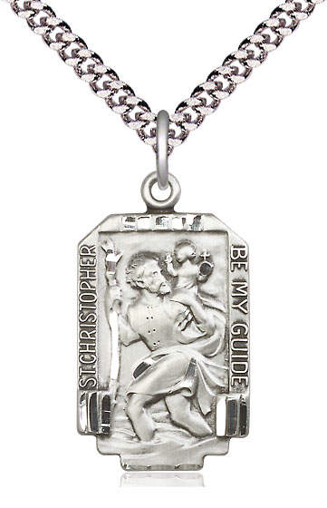 Sterling Silver Saint Christopher Pendant on a 24 inch Light Rhodium Heavy Curb chain