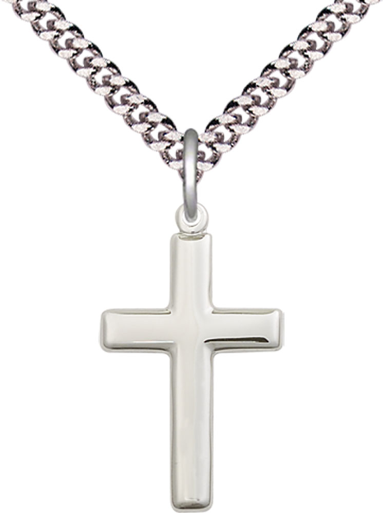 Sterling Silver Cross Pendant on a 24 inch Light Rhodium Heavy Curb chain