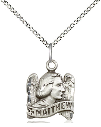 Sterling Silver Saint Matthew Pendant on a 18 inch Sterling Silver Light Curb chain