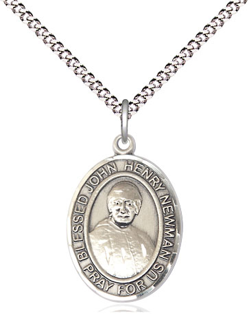 Sterling Silver Blessed John Henry Newman Pendant on a 18 inch Light Rhodium Light Curb chain