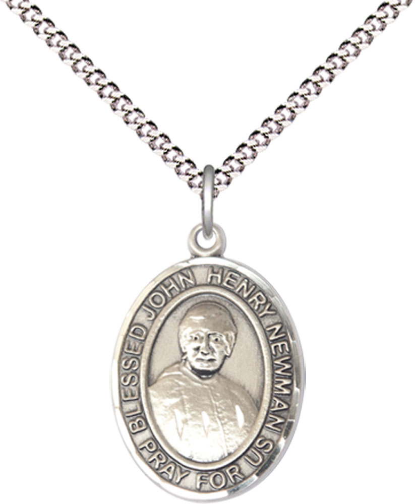 Sterling Silver Blessed John Henry Newman Pendant on a 18 inch Light Rhodium Light Curb chain