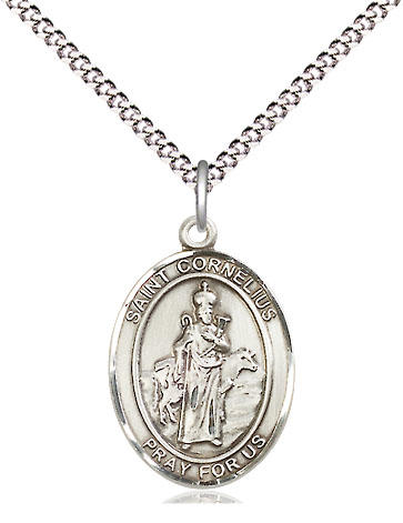 Sterling Silver Saint Cornelius Pendant on a 18 inch Light Rhodium Light Curb chain