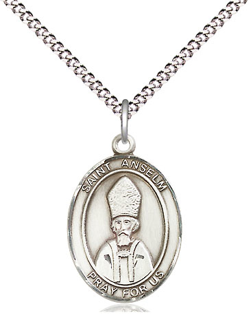 Sterling Silver Saint Anselm of Canterbury Pendant on a 18 inch Light Rhodium Light Curb chain