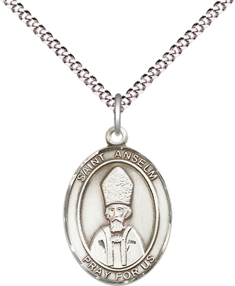 Sterling Silver Saint Anselm of Canterbury Pendant on a 18 inch Light Rhodium Light Curb chain