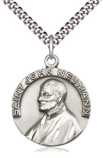 Sterling Silver Saint John Neumann Pendant on a 24 inch Light Rhodium Heavy Curb chain