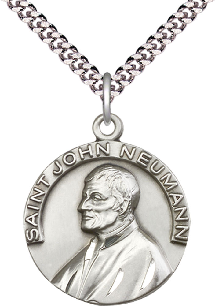 Sterling Silver Saint John Neumann Pendant on a 24 inch Light Rhodium Heavy Curb chain