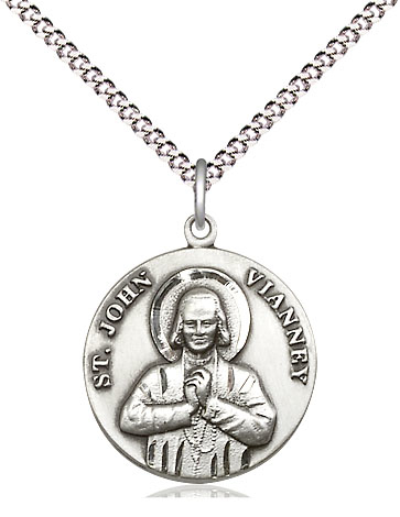 Sterling Silver Saint John Vianney Pendant on a 18 inch Light Rhodium Light Curb chain