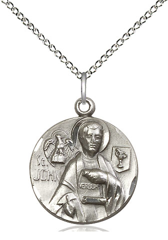 Sterling Silver Saint John the Evangelist Pendant on a 18 inch Sterling Silver Light Curb chain