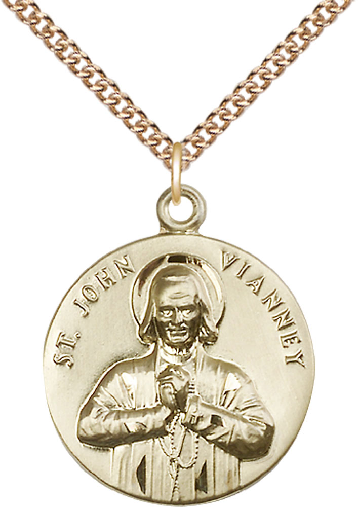 14kt Gold Filled Saint John Vianney Pendant on a 24 inch Gold Filled Heavy Curb chain