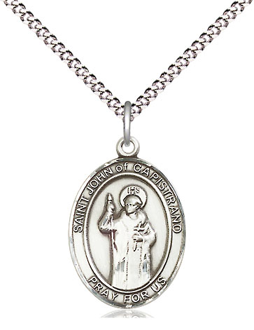 Sterling Silver Saint John of Capistrano Pendant on a 18 inch Light Rhodium Light Curb chain