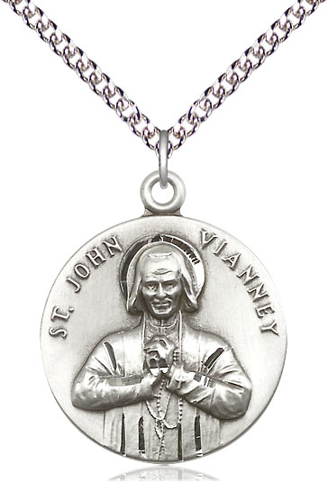 Sterling Silver Saint John Vianney Pendant on a 24 inch Sterling Silver Heavy Curb chain