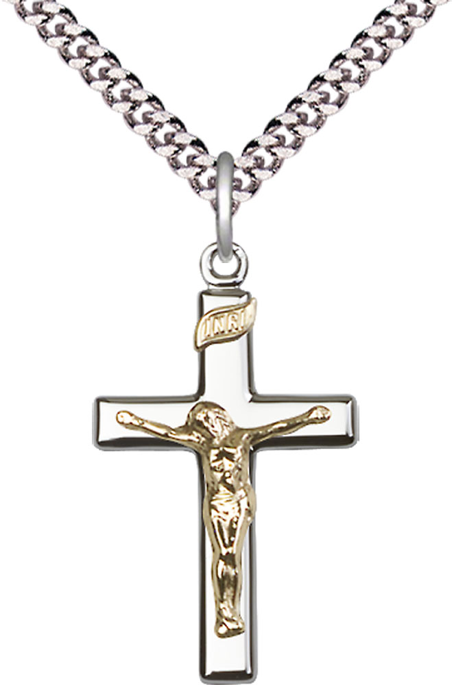 Two-Tone GF/SS Crucifix Pendant on a 24 inch Light Rhodium Heavy Curb chain
