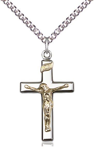 Two-Tone GF/SS Crucifix Pendant on a 24 inch Sterling Silver Heavy Curb chain