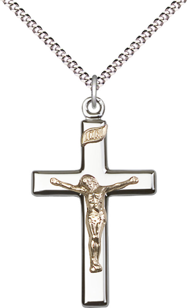 Two-Tone GF/SS Crucifix Pendant on a 18 inch Light Rhodium Light Curb chain
