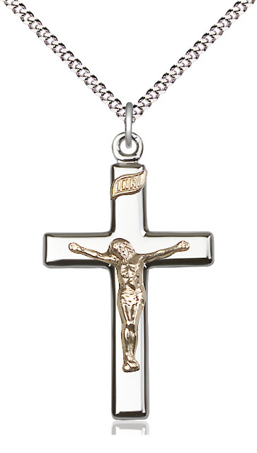 Two-Tone GF/SS Crucifix Pendant on a 18 inch Light Rhodium Light Curb chain