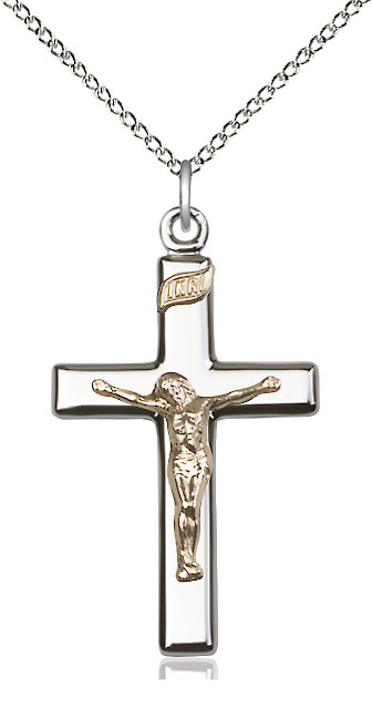 Two-Tone GF/SS Crucifix Pendant on a 18 inch Sterling Silver Light Curb chain