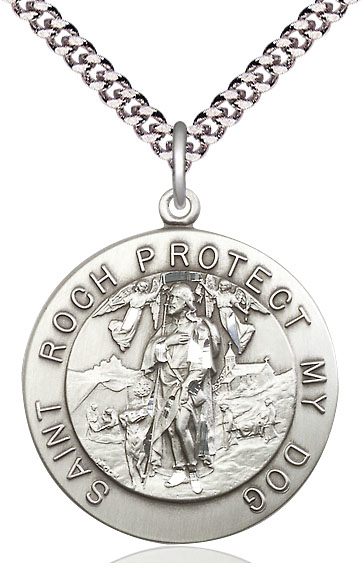 Sterling Silver Saint Roch Pendant on a 24 inch Light Rhodium Heavy Curb chain