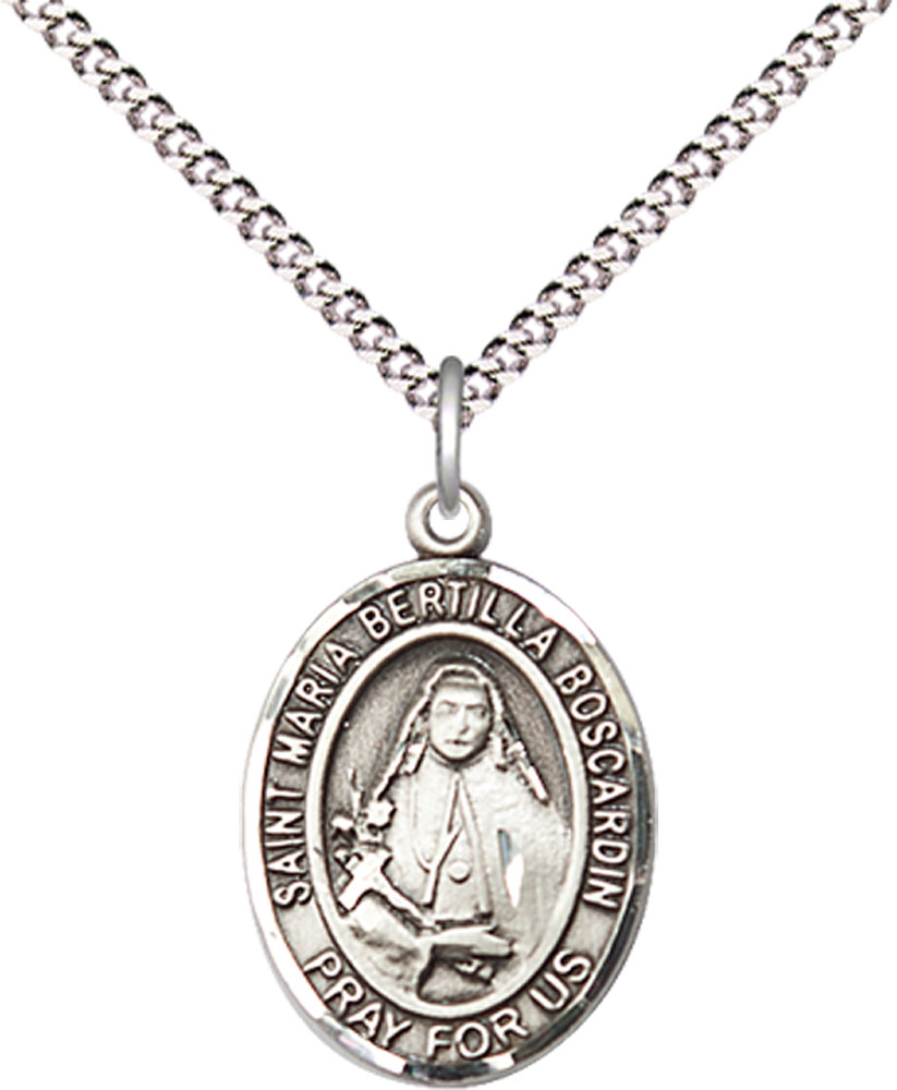 Sterling Silver Saint Maria Bertilla Boscardin Pendant on a 18 inch Light Rhodium Light Curb chain