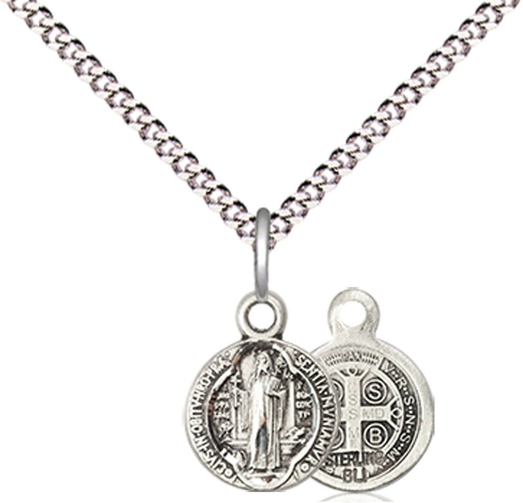 Sterling Silver Saint Benedict Pendant on a 18 inch Light Rhodium Light Curb chain