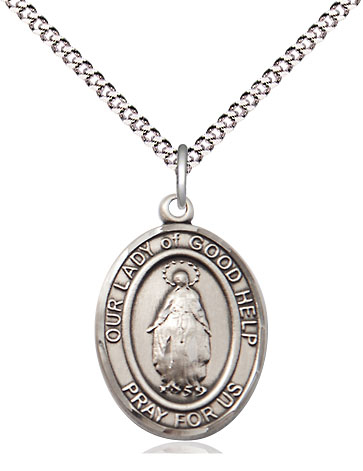 Sterling Silver Our Lady Of Good Help Pendant on a 18 inch Light Rhodium Light Curb chain