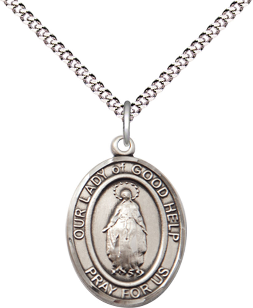 Sterling Silver Our Lady Of Good Help Pendant on a 18 inch Light Rhodium Light Curb chain
