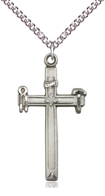 Sterling Silver Carpenter Cross Pendant on a 24 inch Sterling Silver Heavy Curb chain