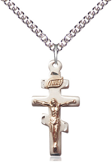 Two-Tone GF/SS Greek Crucifix Pendant on a 24 inch Sterling Silver Heavy Curb chain