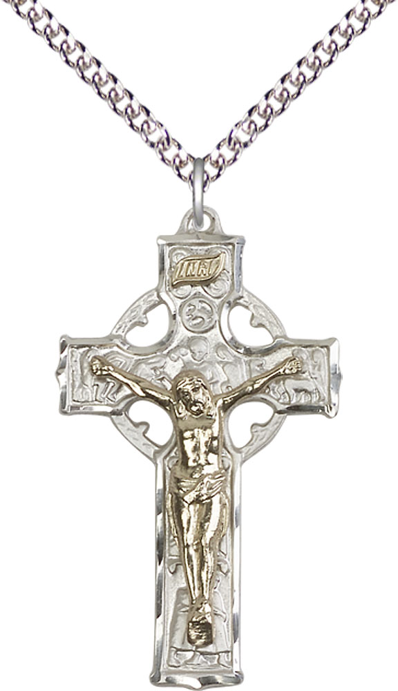 Two-Tone GF/SS Celtic Crucifix Pendant on a 24 inch Sterling Silver Heavy Curb chain