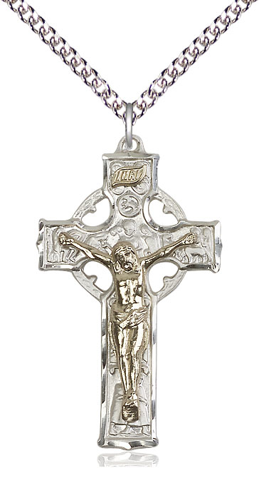 Two-Tone GF/SS Celtic Crucifix Pendant on a 24 inch Sterling Silver Heavy Curb chain