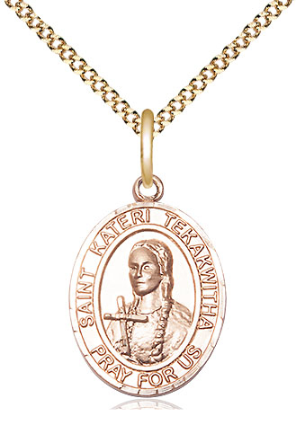 14kt Gold Filled Saint Kateri Tekakwitha Pendant on a 18 inch Gold Plate Light Curb chain
