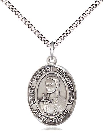 Sterling Silver Saint Kateri Tekakwitha Pendant on a 18 inch Light Rhodium Light Curb chain