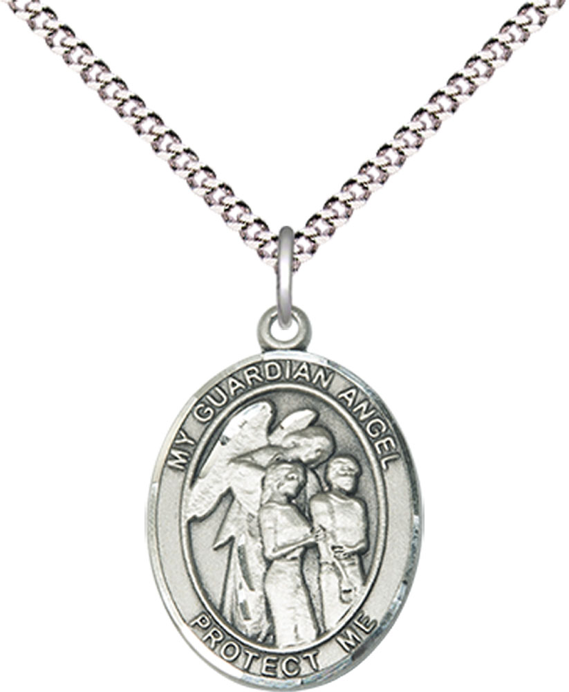 Sterling Silver Guardian Angel w/Children Pendant on a 18 inch Light Rhodium Light Curb chain