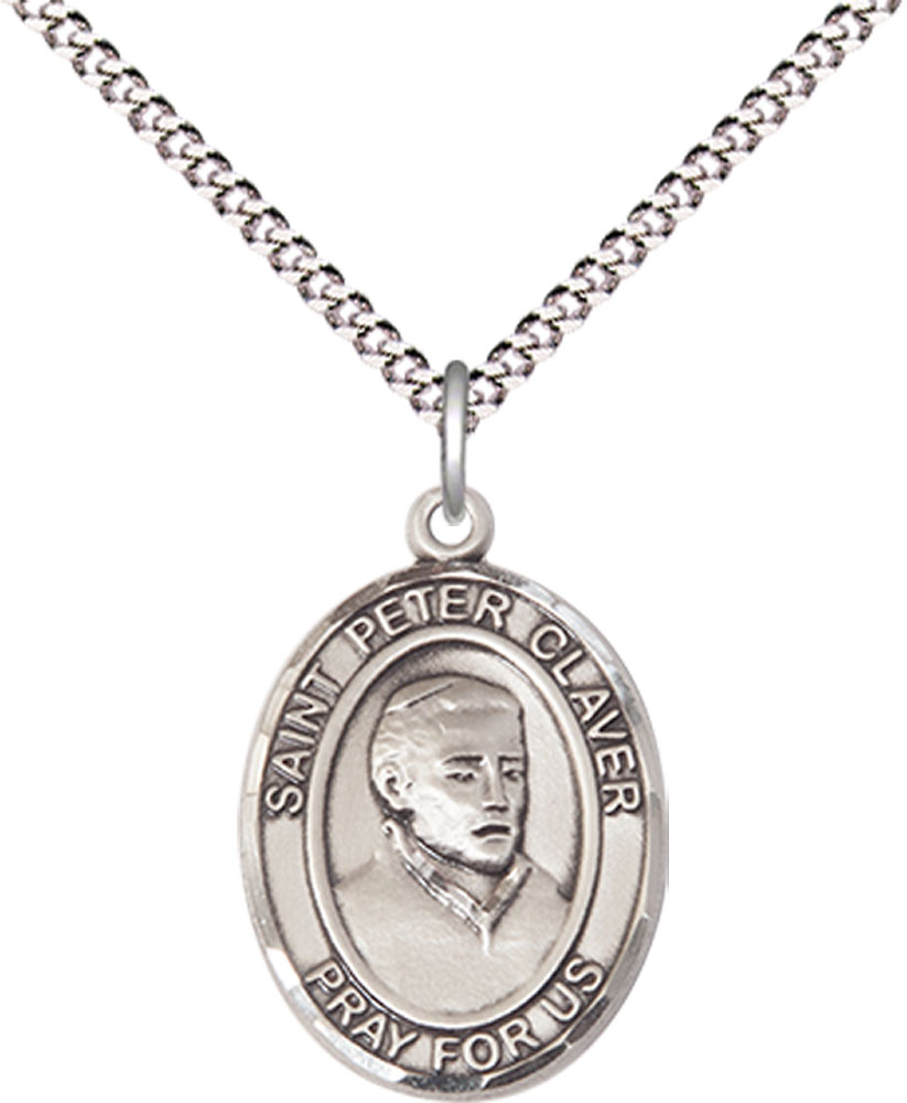 Sterling Silver Saint Peter Claver Pendant on a 18 inch Light Rhodium Light Curb chain