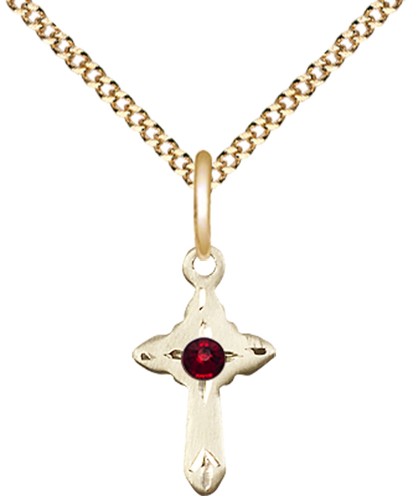 14kt Gold Filled Cross Pendant with a 3mm Garnet Swarovski stone on a 18 inch Gold Plate Light Curb chain