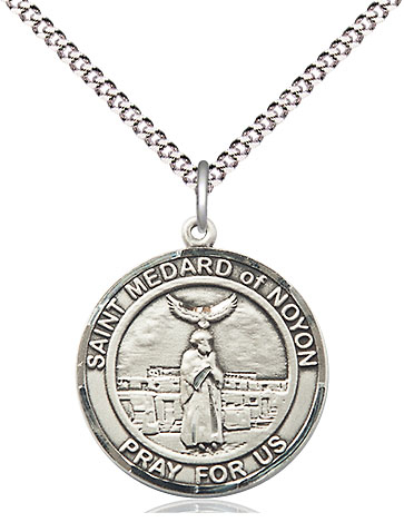 Sterling Silver Saint Medard of Noyon Pendant on a 18 inch Light Rhodium Light Curb chain