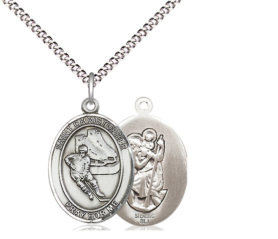 Sterling Silver Saint Christopher Hockey Pendant on a 18 inch Light Rhodium Light Curb chain