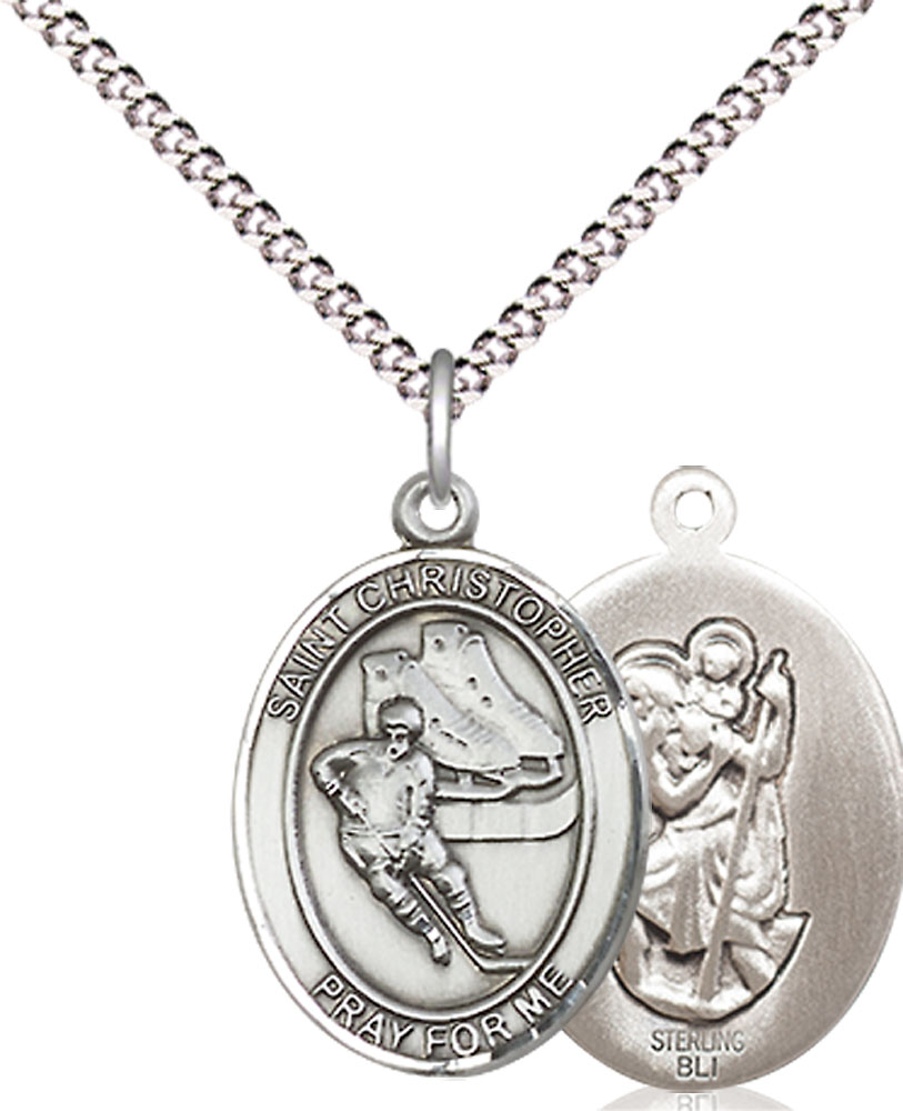 Sterling Silver Saint Christopher Hockey Pendant on a 18 inch Light Rhodium Light Curb chain