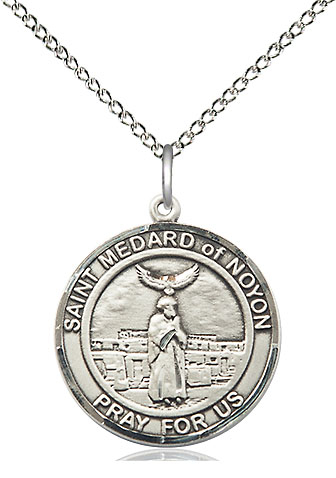 Sterling Silver Saint Medard of Noyon Pendant on a 18 inch Sterling Silver Light Curb chain