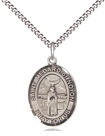 Sterling Silver Saint Medard of Noyon Pendant on a 18 inch Light Rhodium Light Curb chain