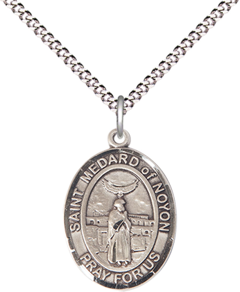 Sterling Silver Saint Medard of Noyon Pendant on a 18 inch Light Rhodium Light Curb chain