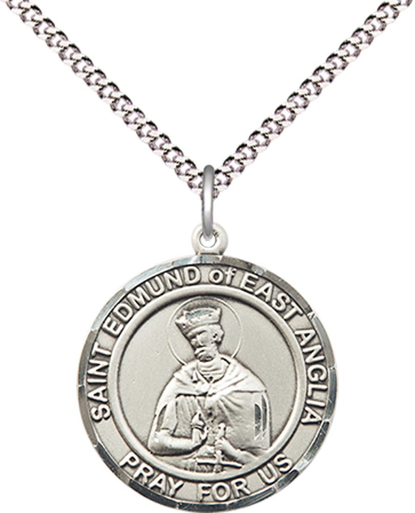 Sterling Silver Saint Edmund of East Anglia Pendant on a 18 inch Light Rhodium Light Curb chain