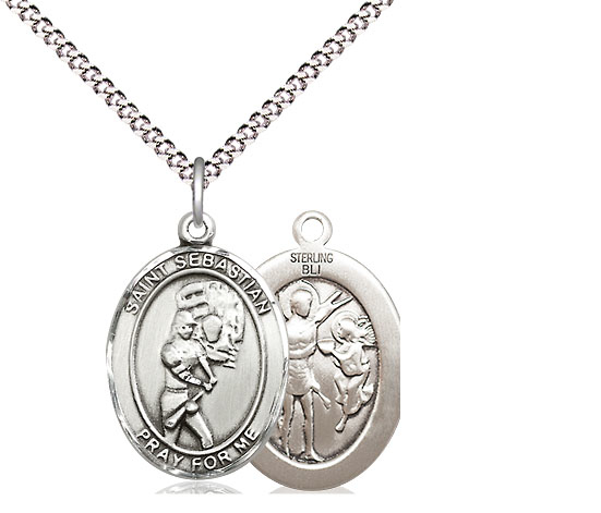 Sterling Silver Saint Sebastian Softball Pendant on a 18 inch Light Rhodium Light Curb chain