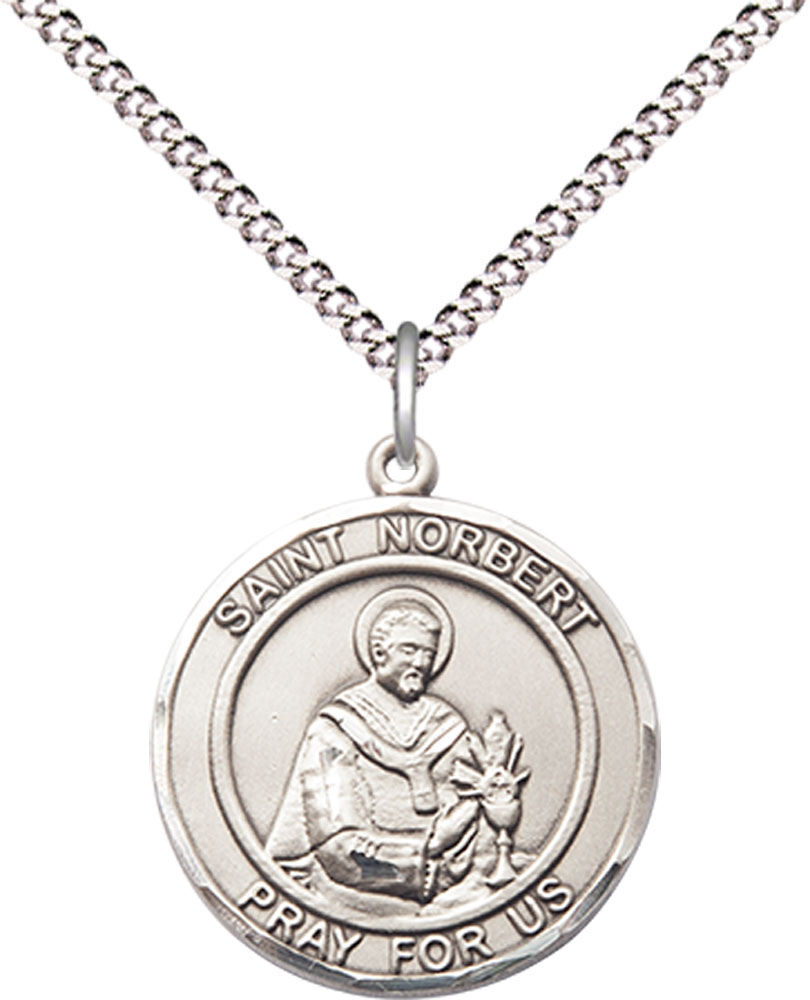 Sterling Silver Saint Norbert of Xanten Pendant on a 18 inch Light Rhodium Light Curb chain
