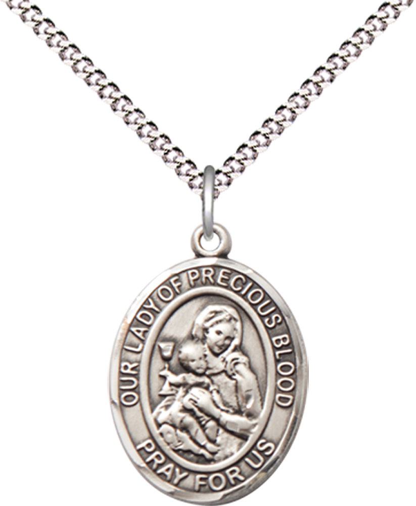 Sterling Silver Our Lady of the Precious Blood Pendant on a 18 inch Light Rhodium Light Curb chain