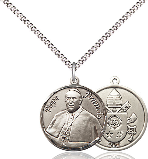Sterling Silver Pope Francis Pendant on a 18 inch Light Rhodium Light Curb chain