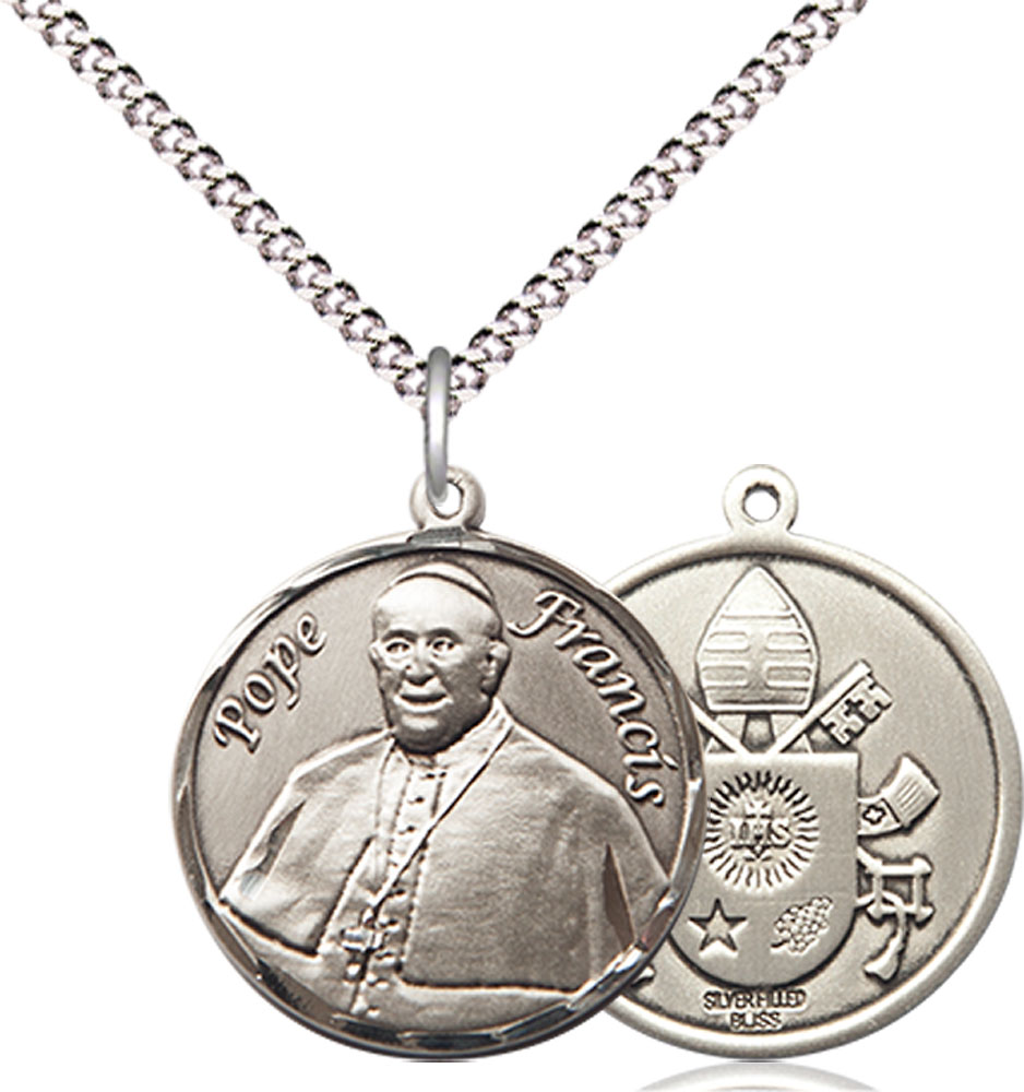 Sterling Silver Pope Francis Pendant on a 18 inch Light Rhodium Light Curb chain