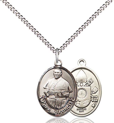 Sterling Silver Pope Francis Pendant on a 18 inch Light Rhodium Light Curb chain