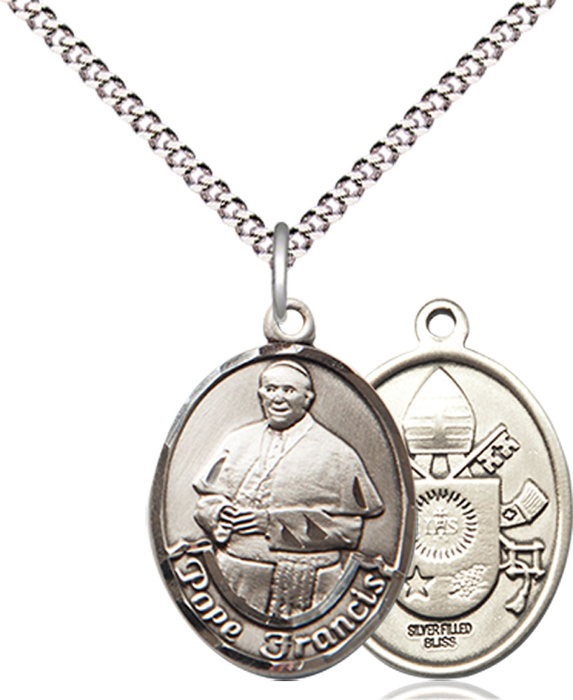 Sterling Silver Pope Francis Pendant on a 18 inch Light Rhodium Light Curb chain