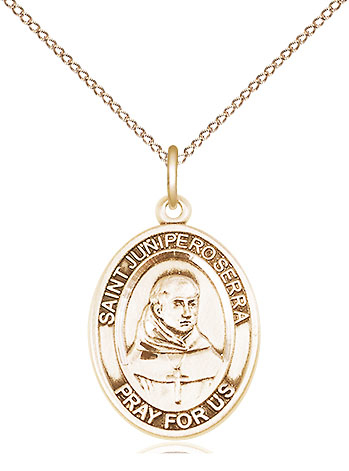 14kt Gold Filled Saint Junipero Serra Pendant on a 18 inch Gold Filled Light Curb chain